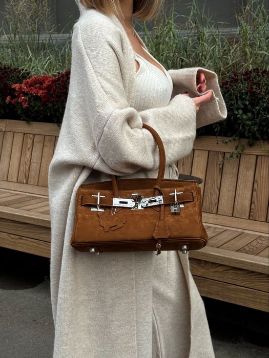 Сумка у стилі Birkin 30, коричнева, преміум-дизайн