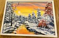 Obraz zimowy pejzaż recznie malowany akwarele w drewnianej ramie