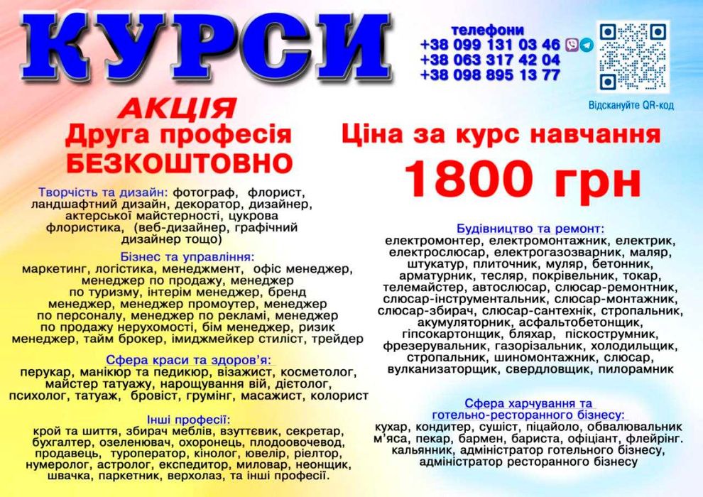 Курси кухар, перукар, манікюр, зварник, електрик, слюсар, токар, маляр