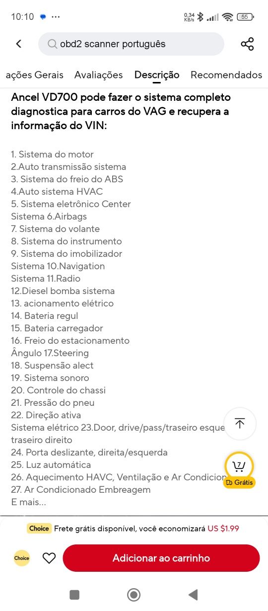 Interface de diagnóstico automóvel ANCEL Vd700 VW AUDI Skoda Seat NOVO