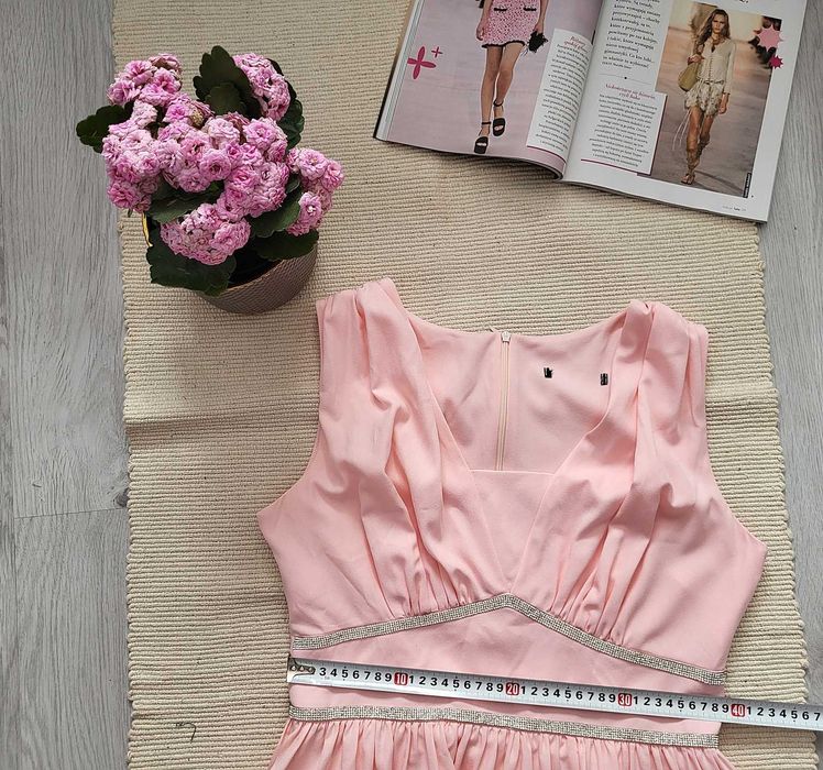 Sukienka rozkloszowana różowa kryształki wesele komunia chrzciny L XL