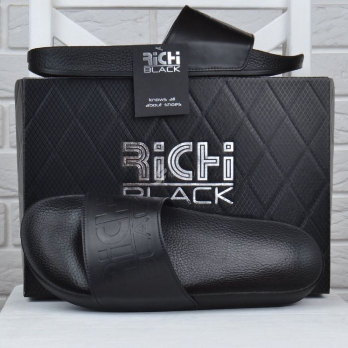 Мужские кожаные шлепанцы Richi Black Ричи Блек черные шлепки 40-45р