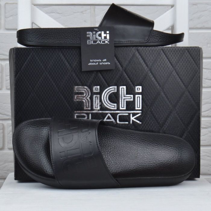 Мужские кожаные шлепанцы Richi Black Ричи Блек черные шлепки 41-45р