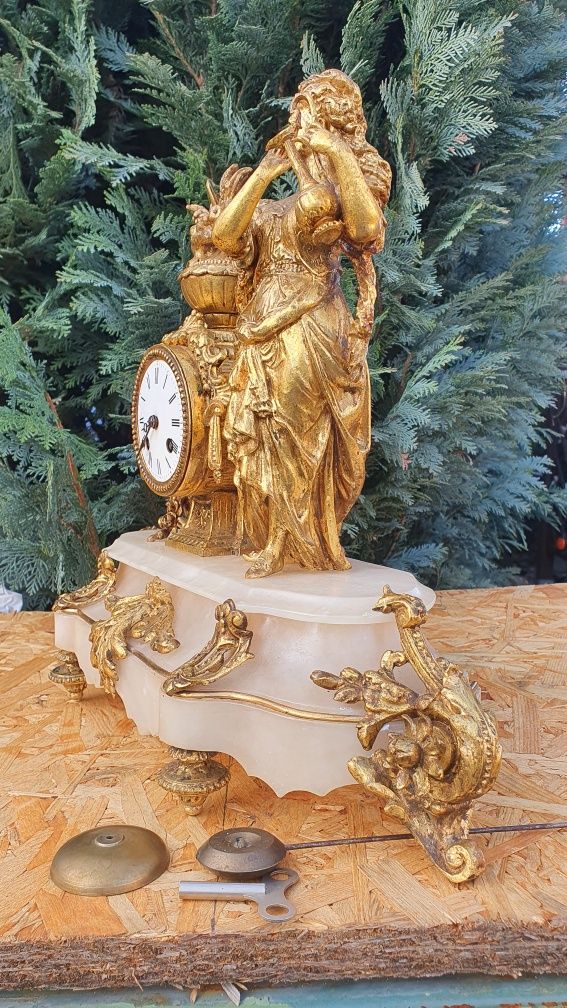 Zegar kominkowy antyk XIXwiek marmur złocony sygnowany prezent