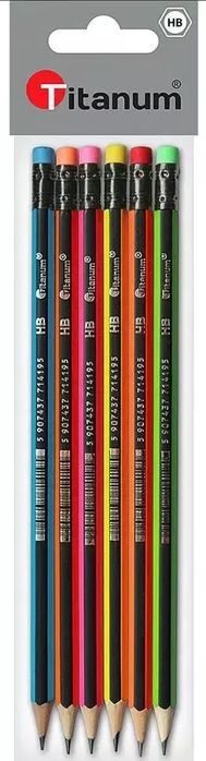 Ołówek z gumką HB, neonowy (6 sztuk). Titanum. Nowy Produkt