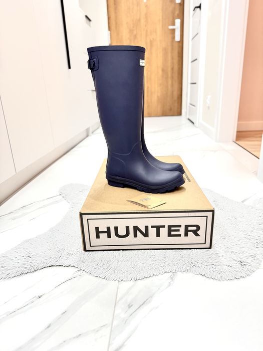 Wysokie matowe granatowe navy kalosze Hunter 40 regulacja cholewki