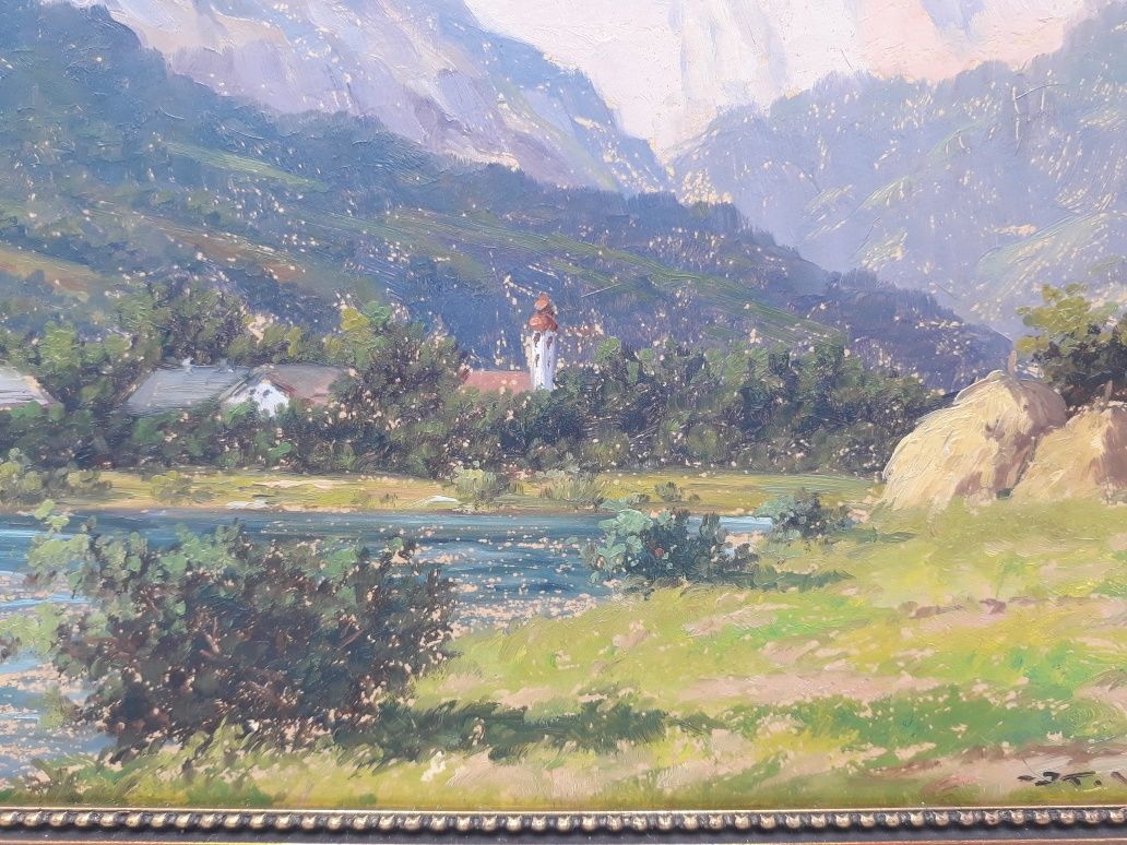 Stary obraz olejny na płycie góry rzeka pejzaż Karl Vukovic