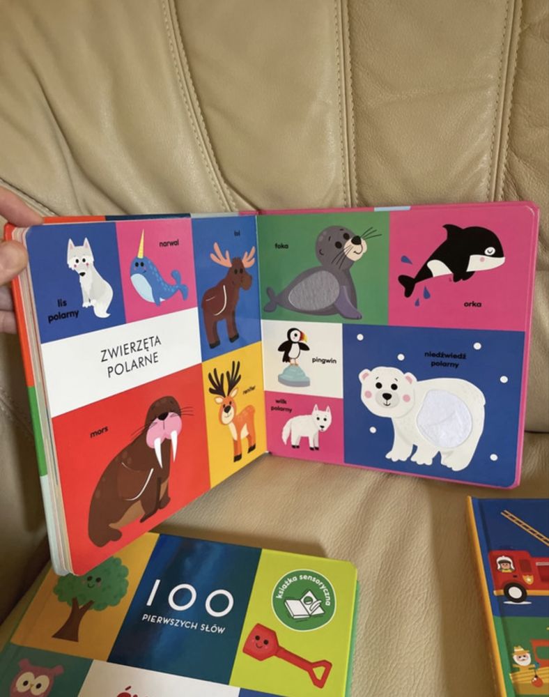 Książeczka sensoryczna dotykowa z wyciętymi okienkami słownik