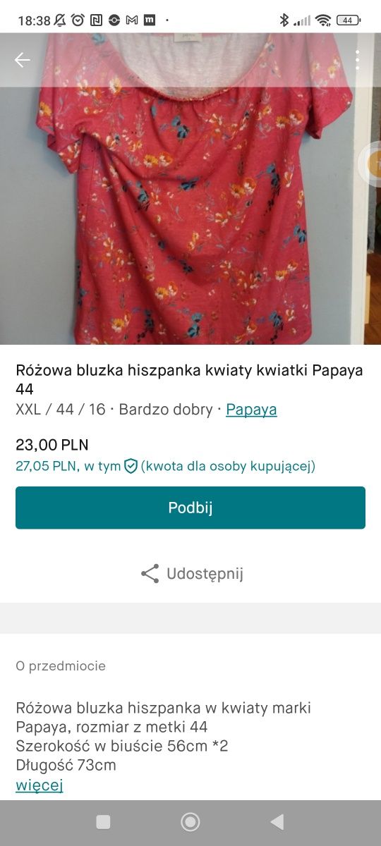 Różowa bluzka kwiaty kwiatki hiszpanka Papaya 44