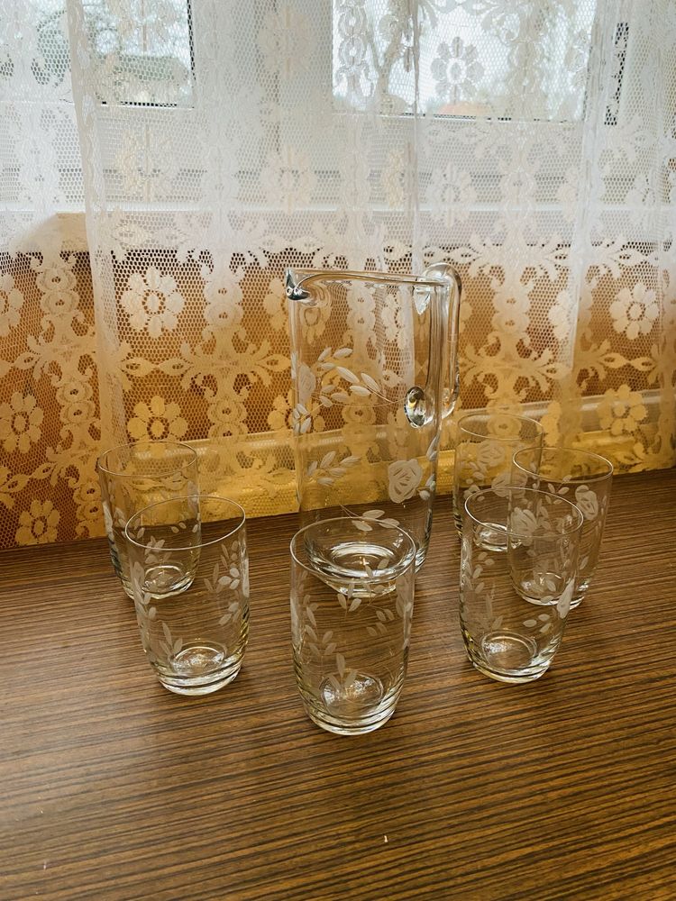 Vintage Dzbanek grawer „Róża” + 6 szklanek PRL