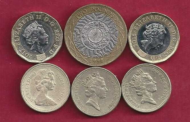 Inglaterra  6  moedas  2  Pondes  e  1  Ponde  (libras) datas diversas