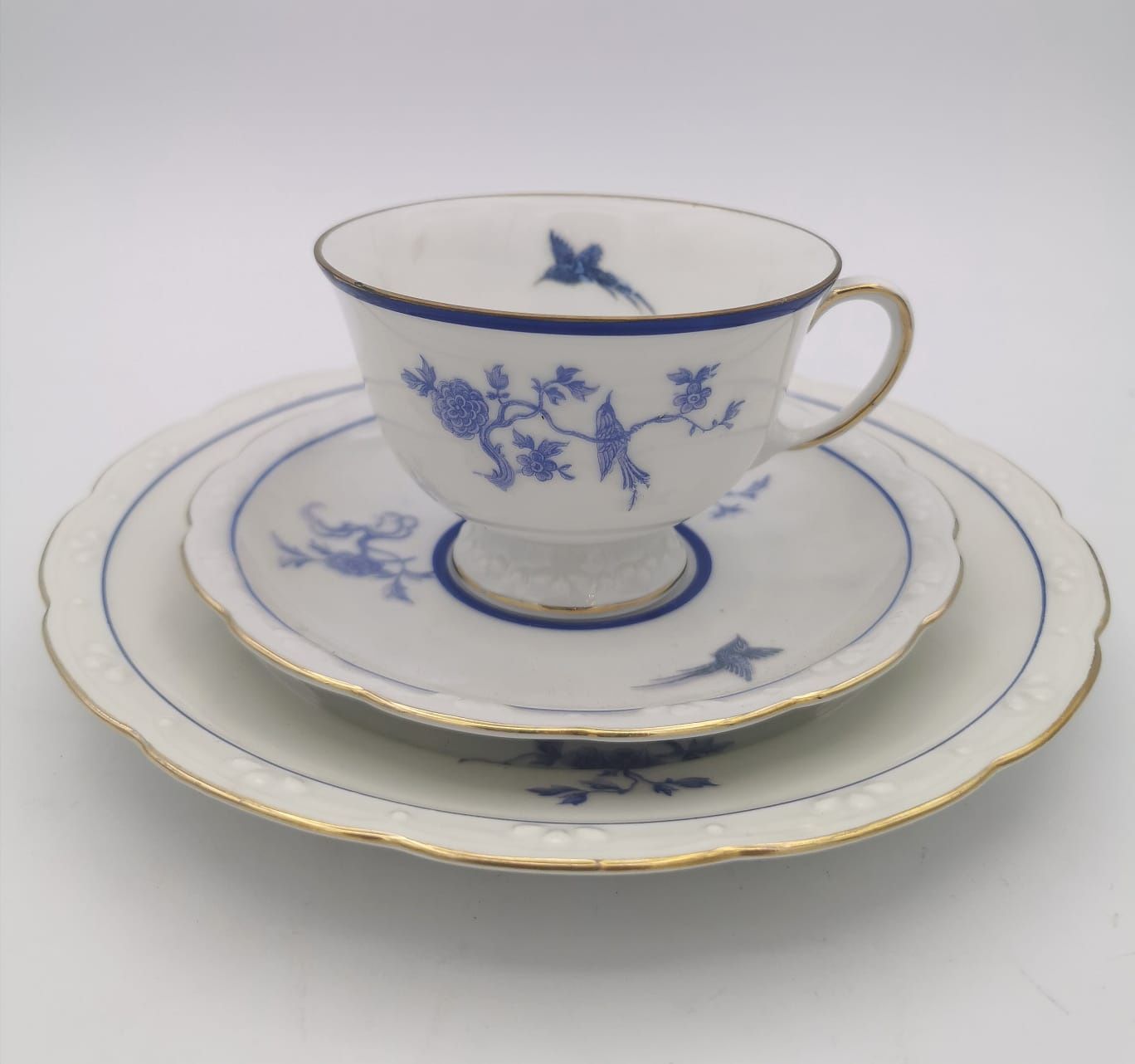 Porcelana SORAU Dekor Kobaltowe Kwiaty, Ptaki Złocona