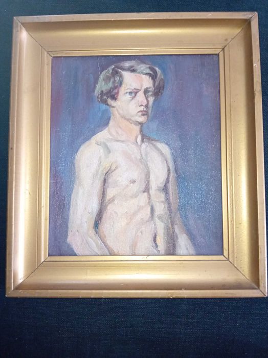 Piękny portret olejny półakt  przedwojenny