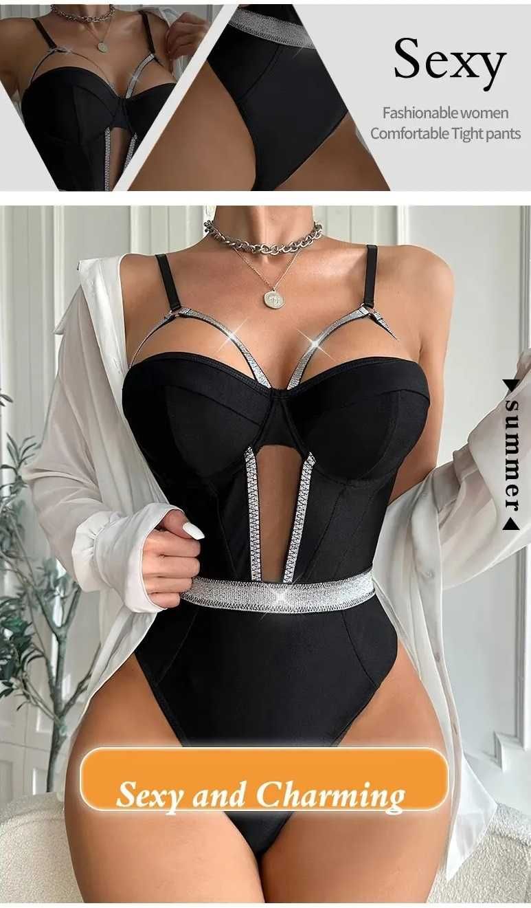 kombinezon Seksowny body Push Up bez pleców czarny rozmiar M