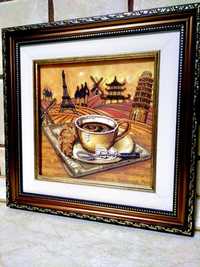 Картина "Чашка кофе". Вышита чешским бисером. Рамка двойная.