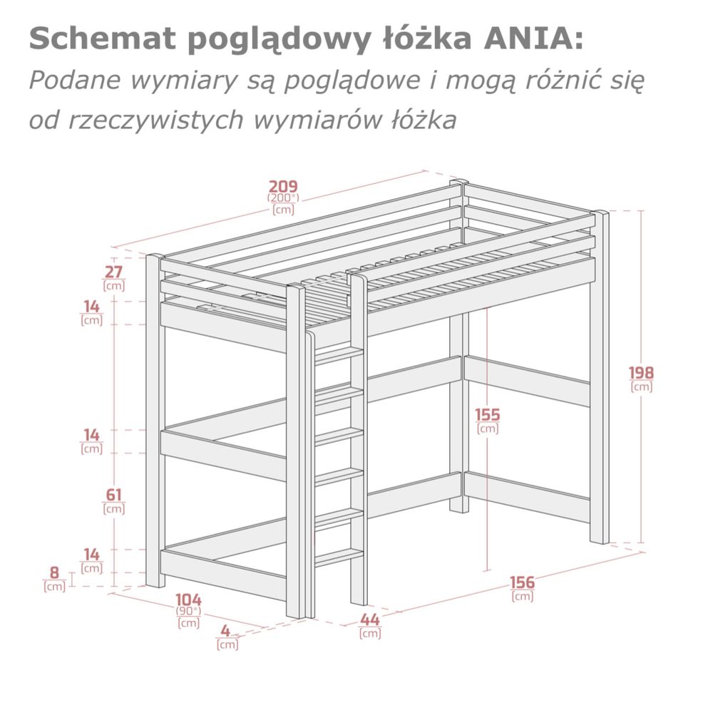 Drewniane łóżko Ania na antresoli 90x200 bez materaca