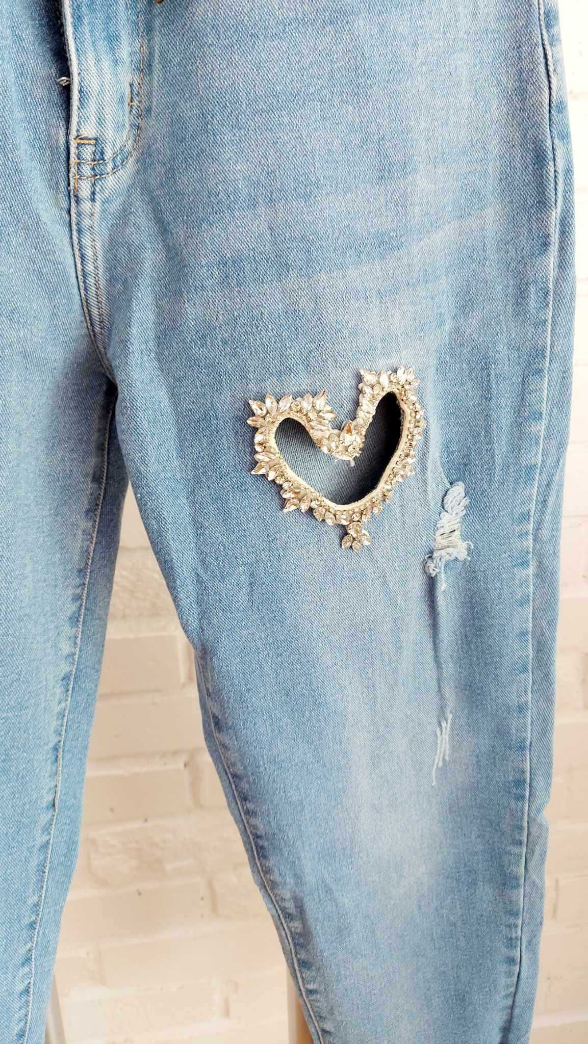 SPODNIE JEANSY Boyfriend Serce Kryształki Cyrkonie M L XL 2XL 3XL