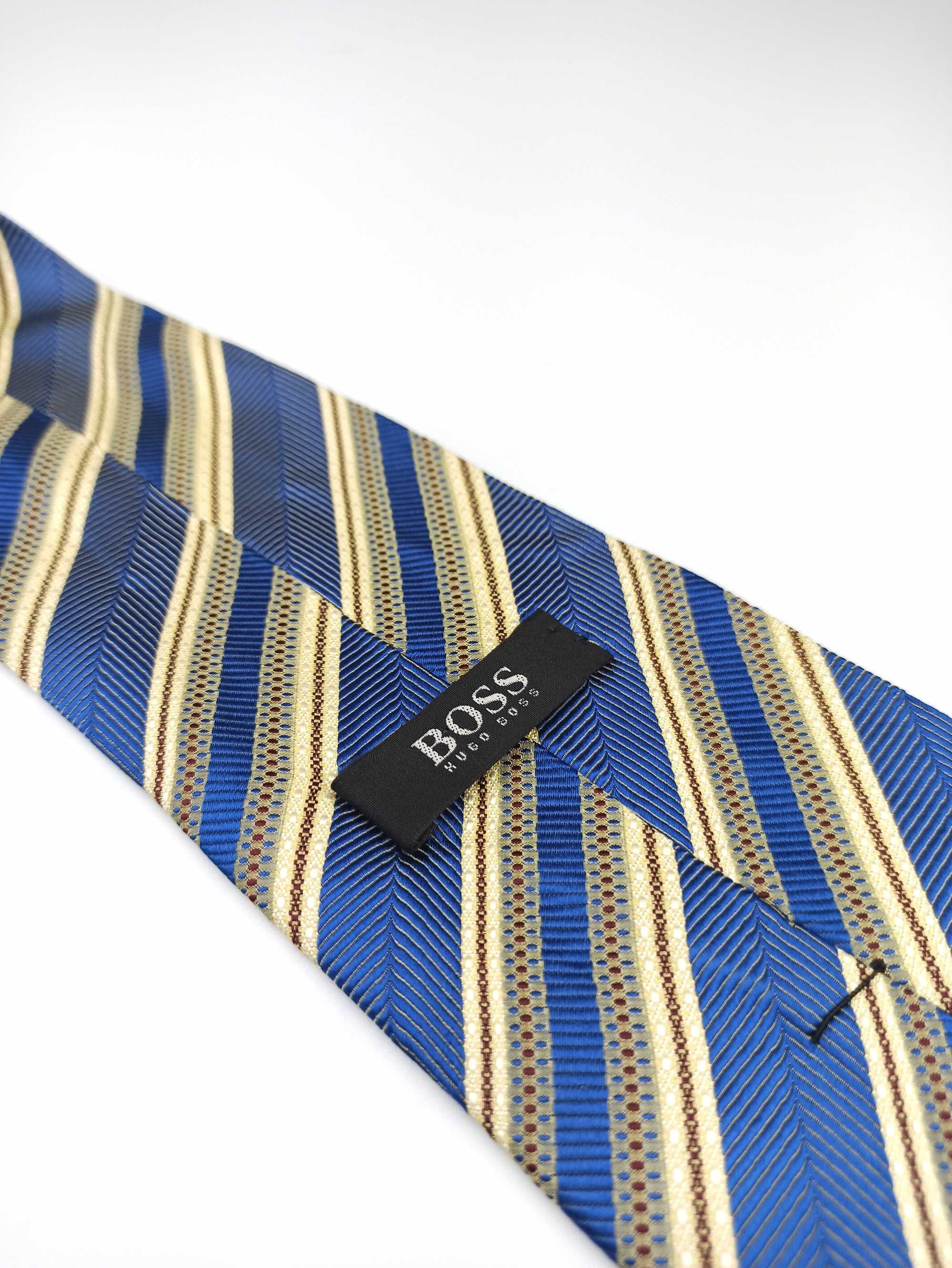 Hugo Boss granatowy niebieski jedwabny krawat w paski ulu43