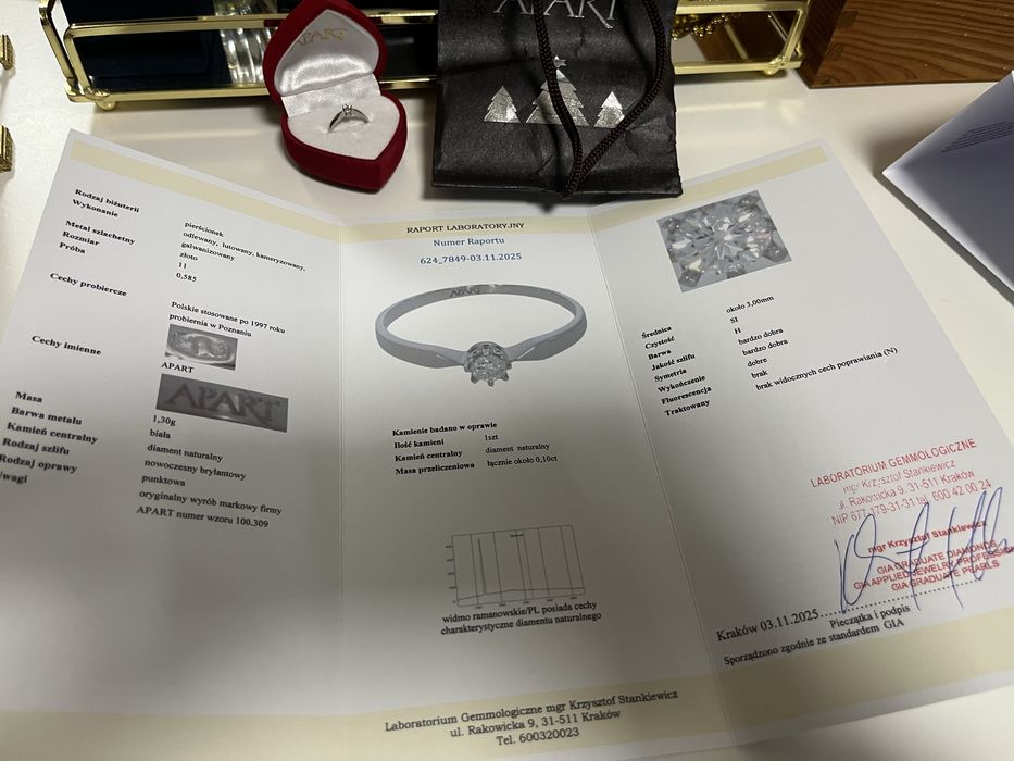 Pierścionek zaręczynowy APART białe złoto diament r. 11
