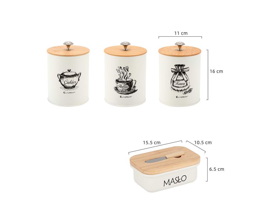 Biały Zestaw 3 Pojemników Kawa Herbata Cukier Stalowa maselniczka Nóż