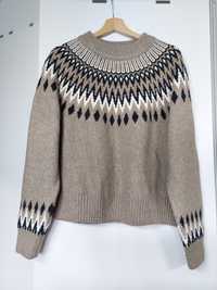 Brązowy sweter H&M 38/M wełniany sweter beżowy sweterek we wzory bluza