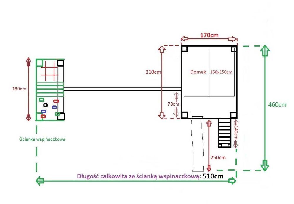 Plac zabaw "prosty" domek dla dzieci. Rozm. L. Huśtawki, wspinaczka