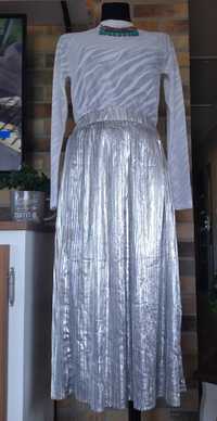Plisowana srebrna błyszcząca spódnica midi rozmiar M Reserved nowa