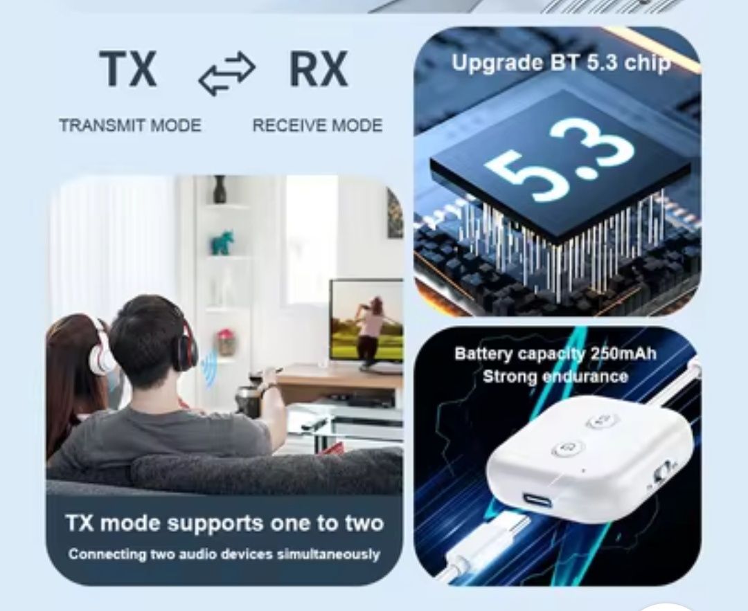 Bluetooth 5,3 приемник, передатчик. Поддержка 2х наушников.Аккумулятор