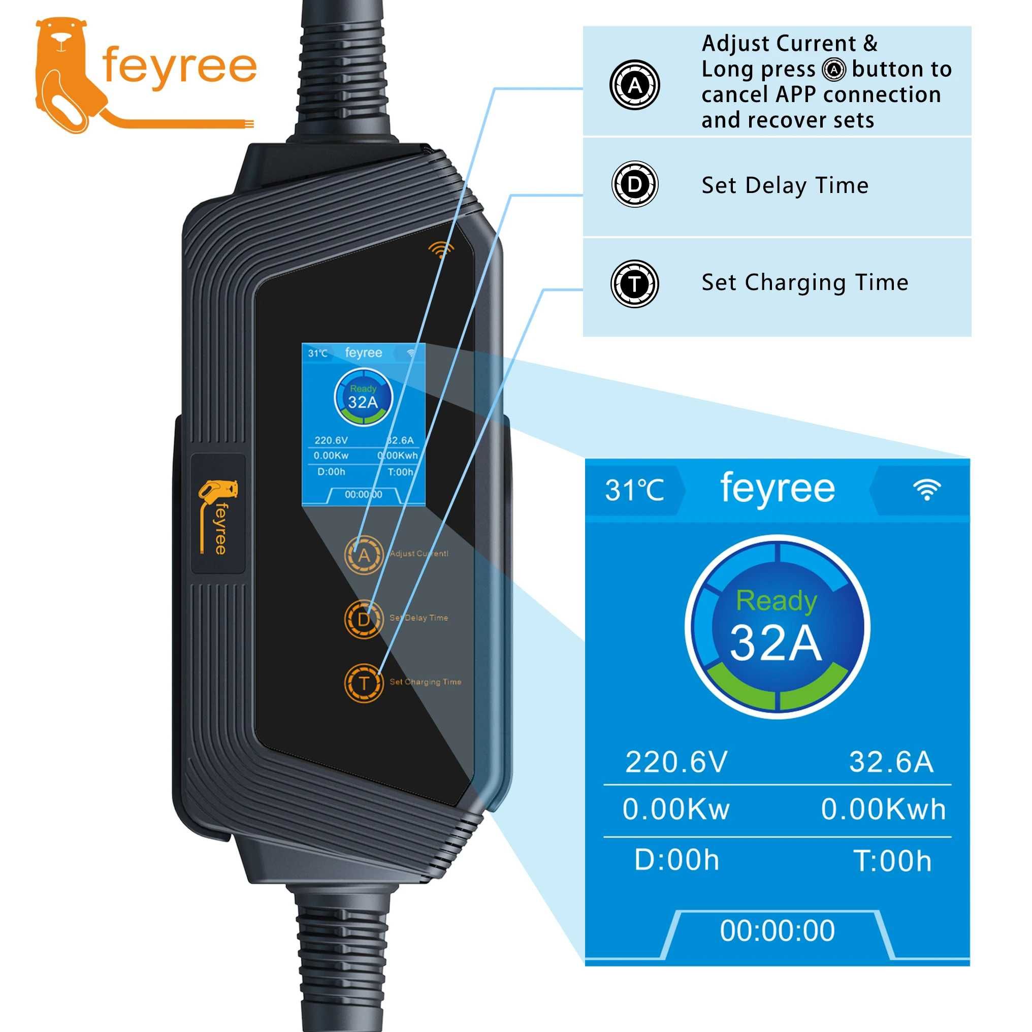 Зарядний пристрій для електромобілів Feyree 7KW 32A, GB/T - Wi-Fi