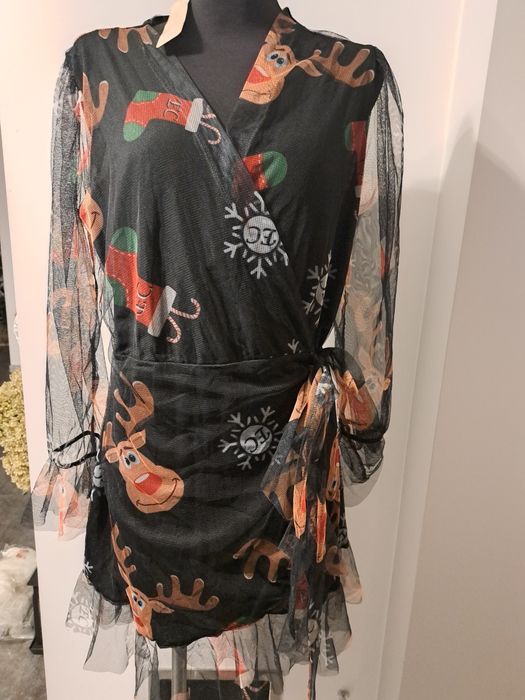 Nowa świąteczna sukienka w renifery z siateczki r.36-422