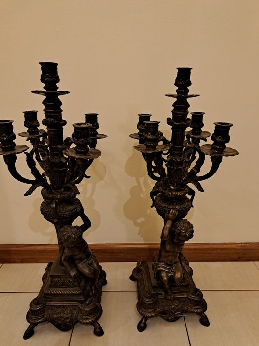 Kandelabr świecznik pięcioramienny para  anioł putto brąz stary