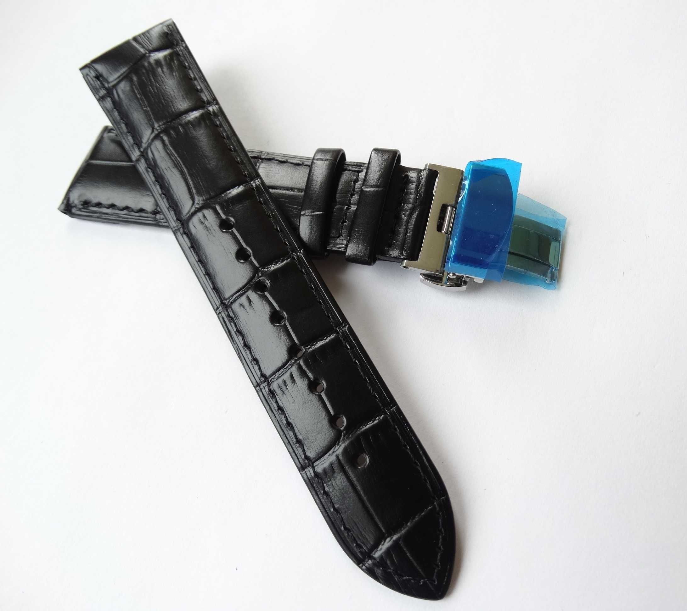 Pasek skórzany do zegarka czarny kroko 20mm 22mm klamra motylkowa