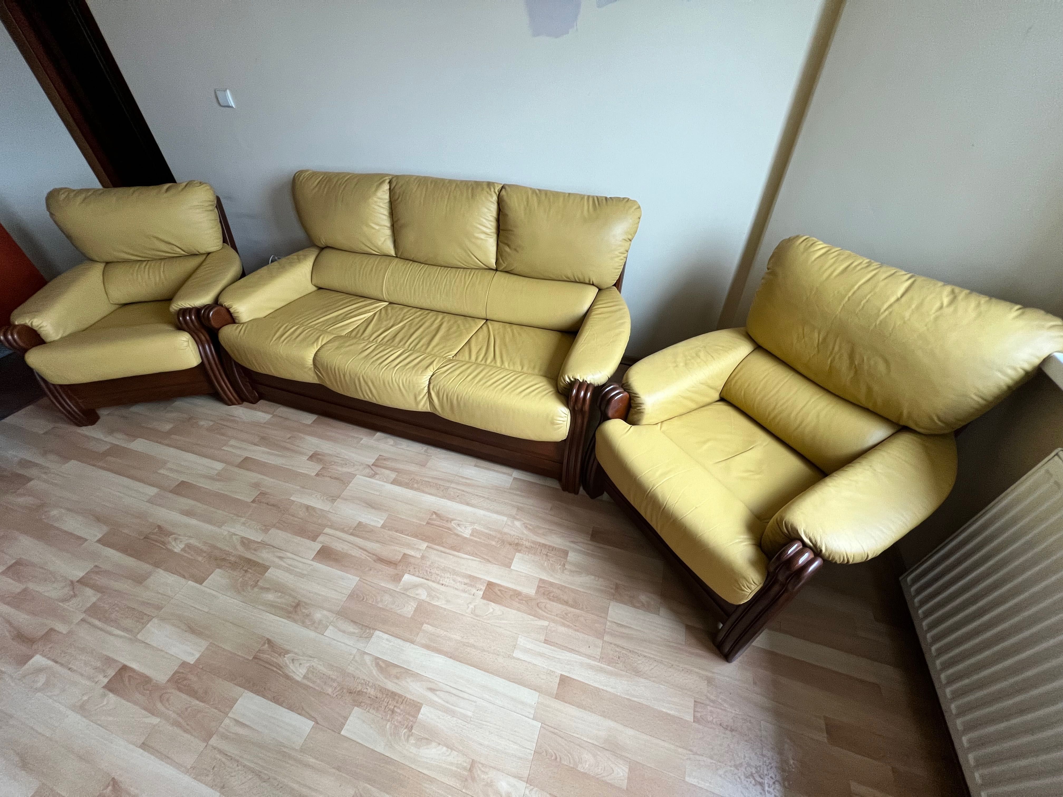 Kler Zestaw wypoczynkowy  , sofa, fotele, zadbana skóra i drewno