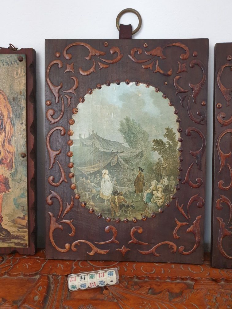 Quadros antigos paisagem madeira ferro couro dados poker arca cânfora