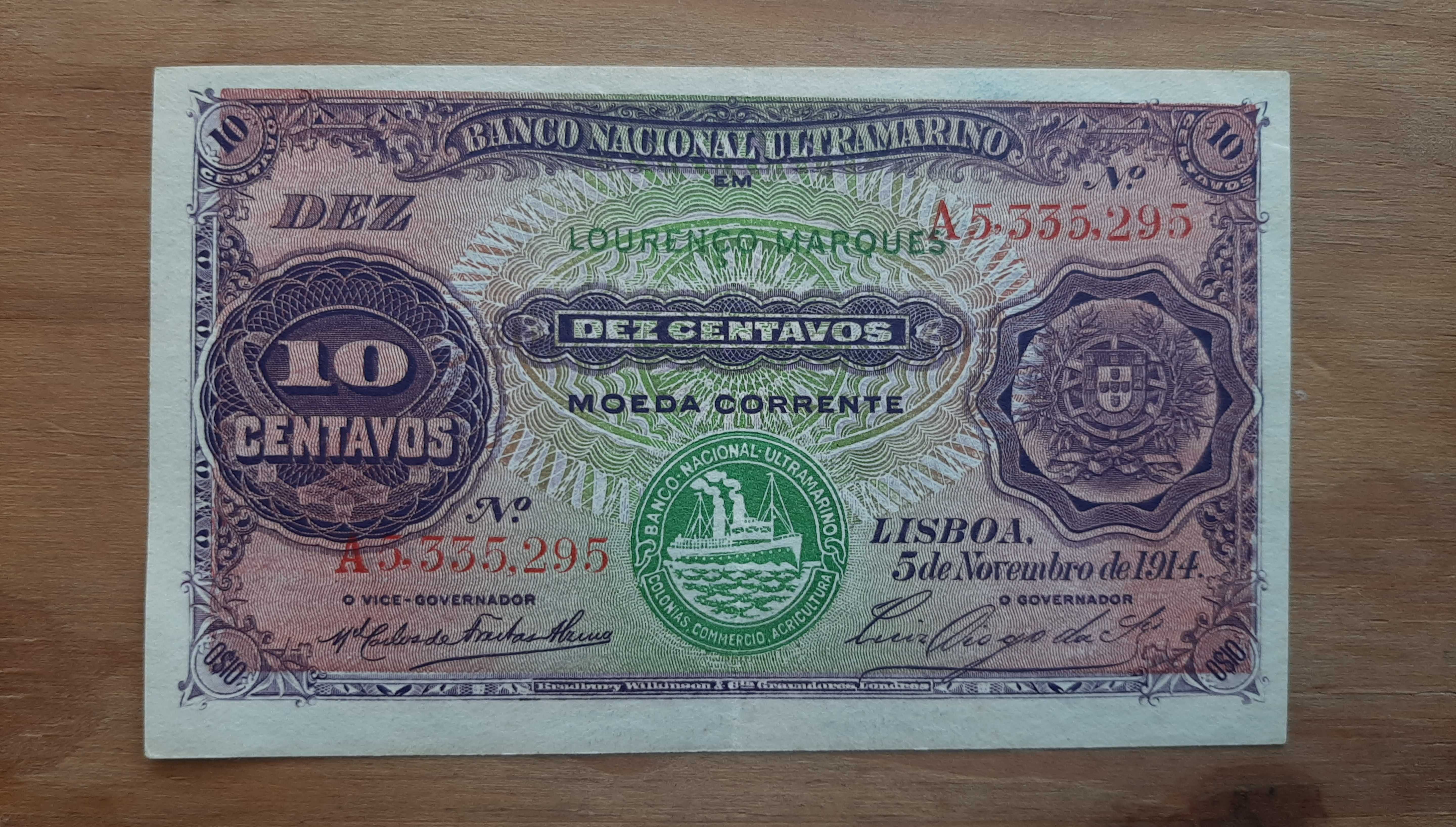 Nota Moçambique 10 Centavos Português 1914 - com 111 anos!