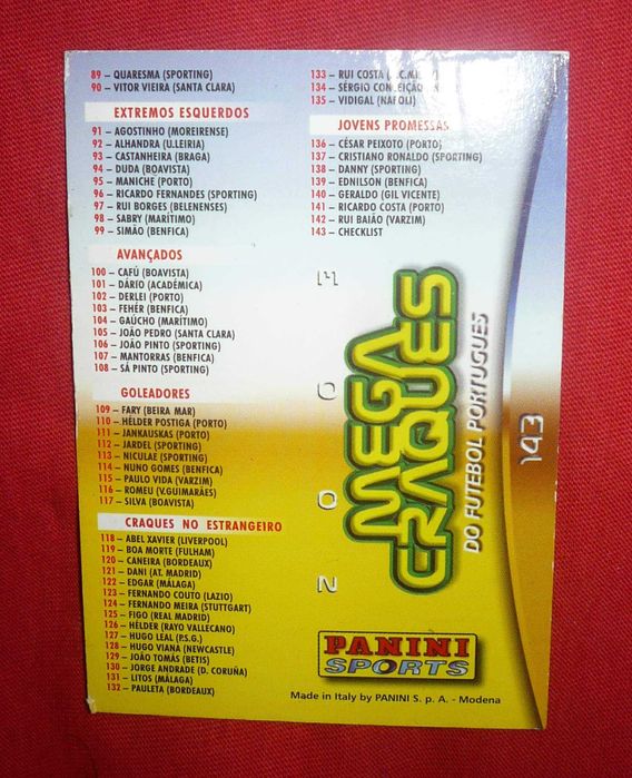 Cartões Panini "Mega Craques": 2 euros