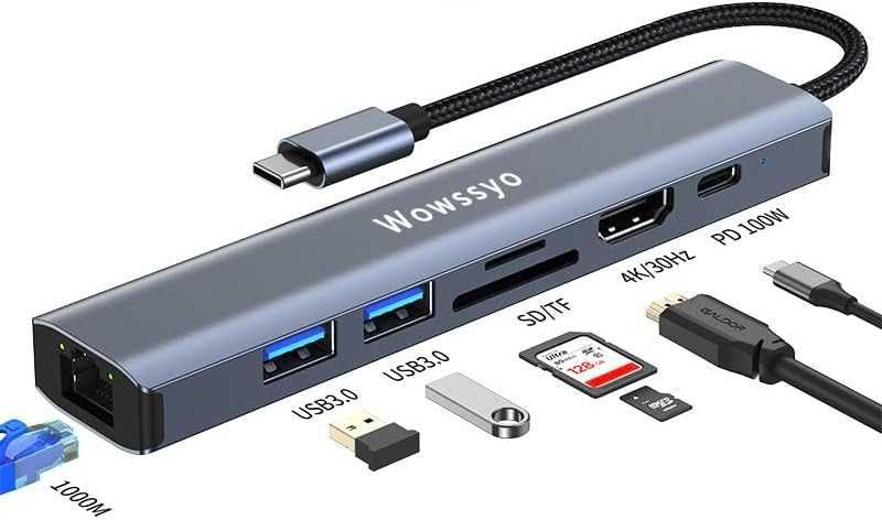 Hub USB C Ethernet 1000M, Wowssyo 7 w 1 Docking 4K Station Multiport