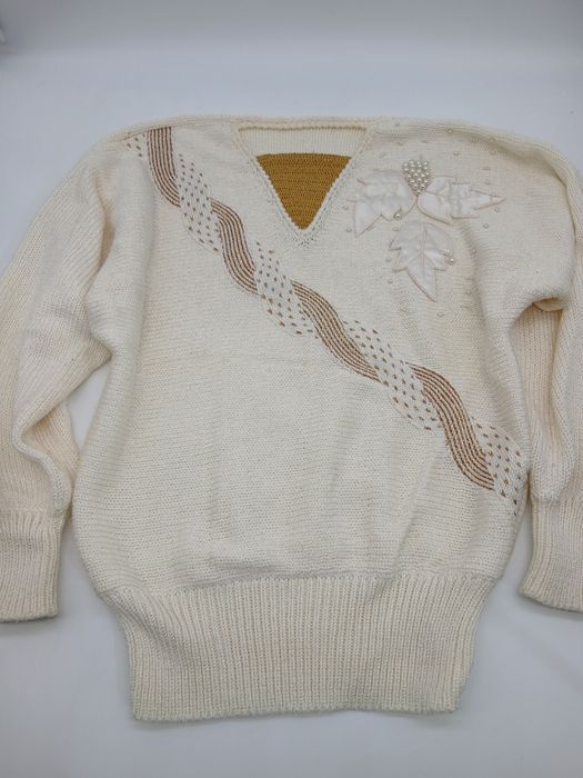 Camisola lã vintage senhora branco dourado M