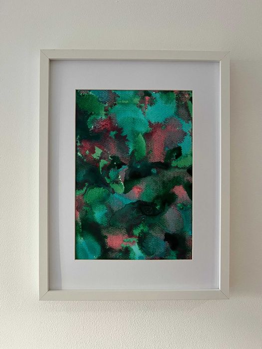 Pintura abstrata em acrílico em tons de azul e verde com moldura 30x40