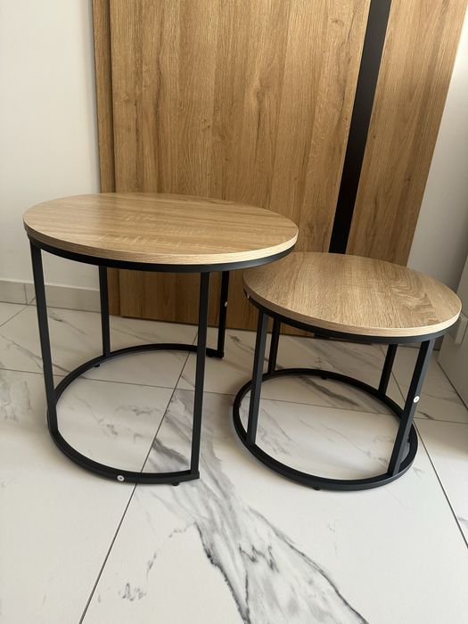 Nowy Stolik Kawowy Okrągły Podwójny Loft 2 Sztuki Industrialny Salonu