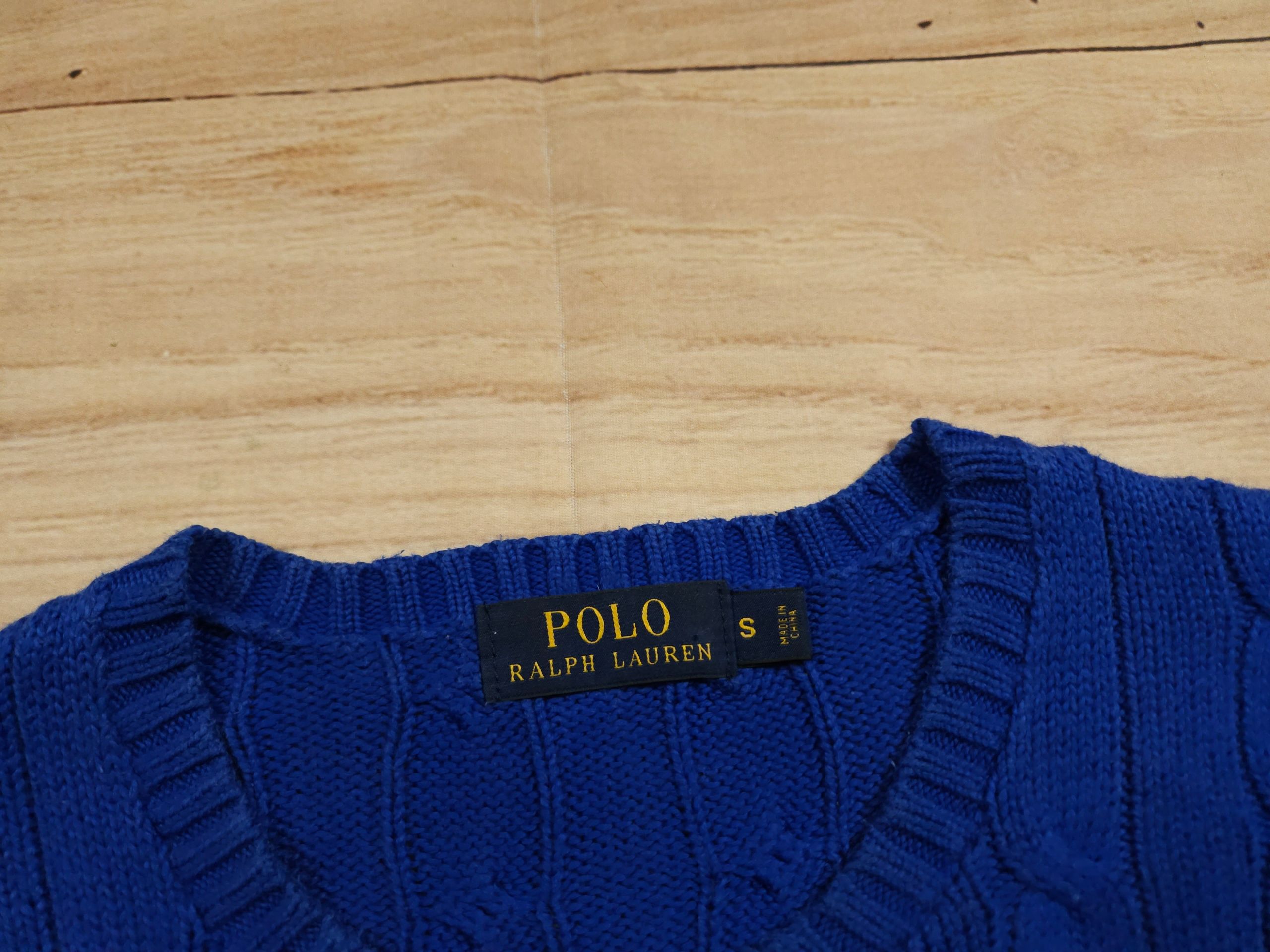 POLO RALPH LAUREN Sweter Warkocz Niebieski Logowany r. S