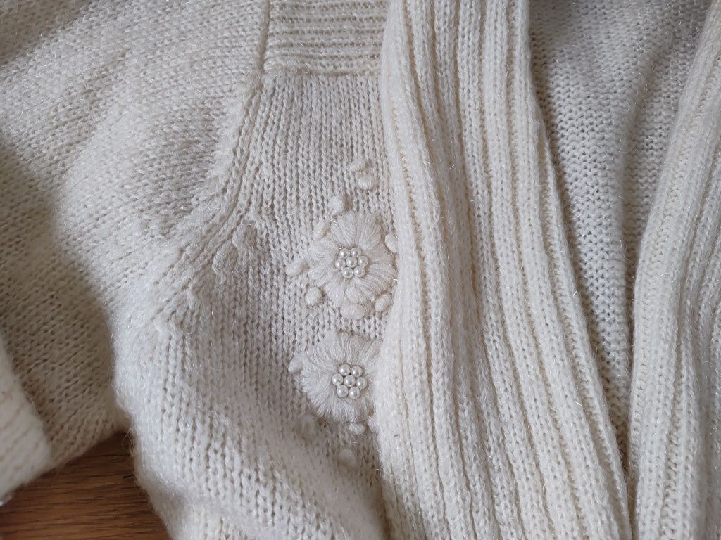 Kardigan sweter kremowy wełna hand made ręcznie robiony oversize L/XL
