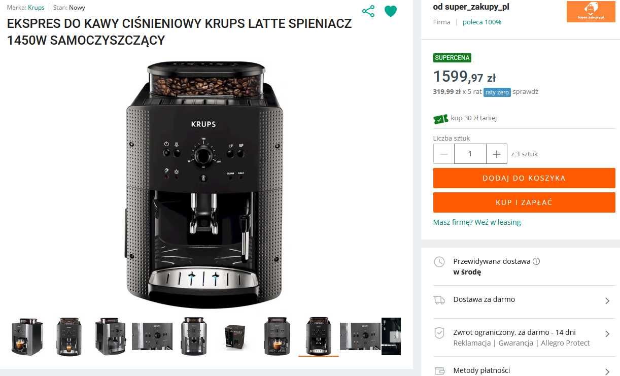 Ekspres ciśnieniowy Krups EA8108, 100% sprawny świeżo po serwisie AGD.