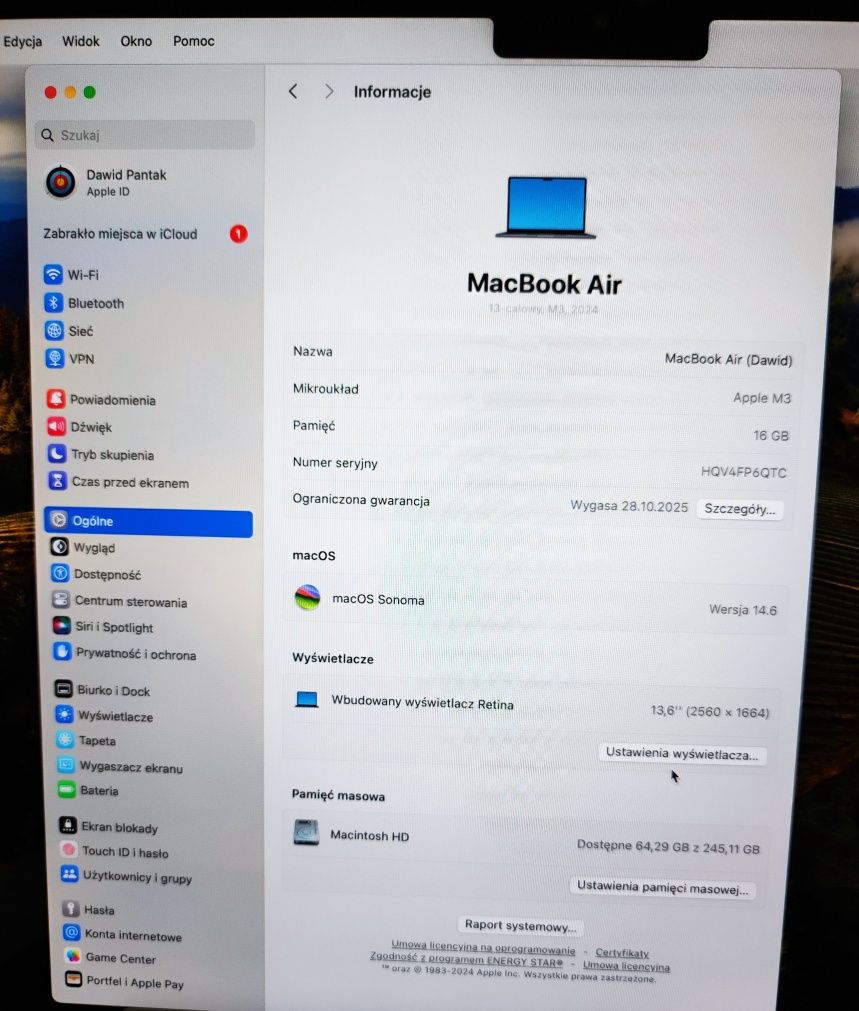Apple MacBook Air M3/16GB/256/Mac OS Północ 10R GPU  adapter multiport
