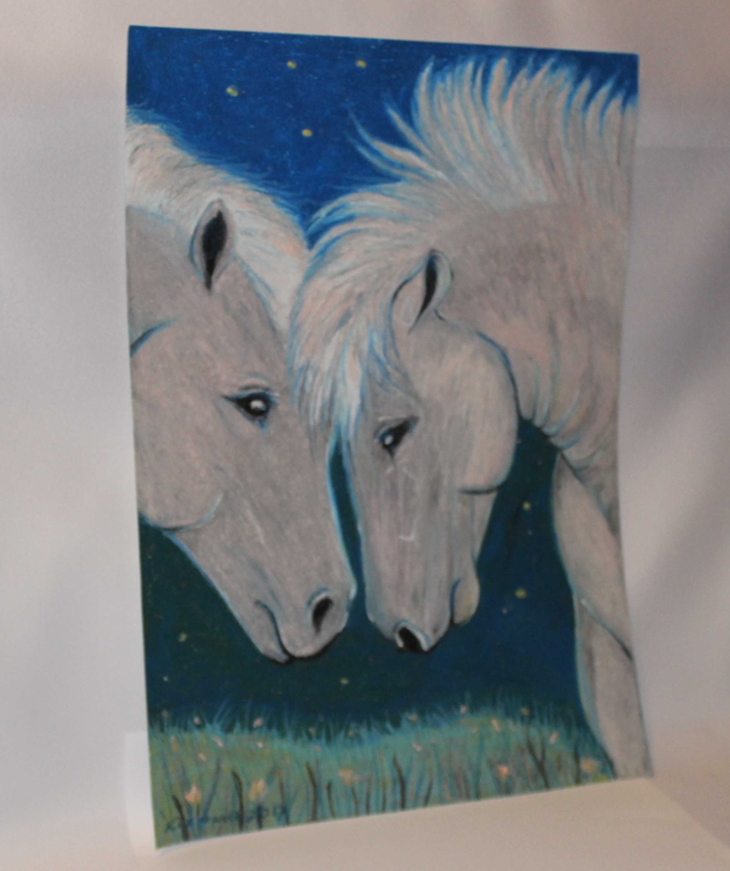 obraz dwa zakochane konie nocą pastele olejne HANDMADE