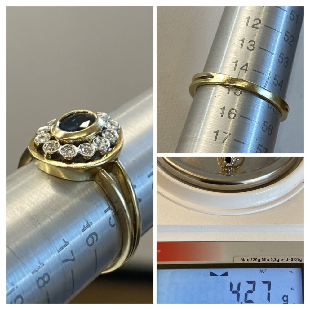 Złoty pierścionek z szafirem i diamentami 0,25ct CERTYFIKAT