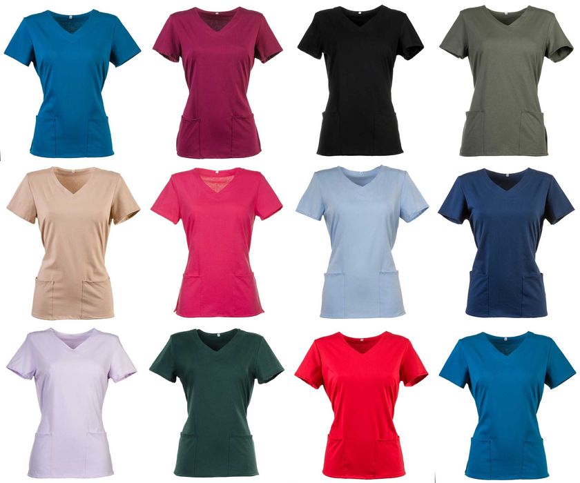 Bluza Medyczna Granatowa Koszulka Bawełniana Kwiaty niebieskie  36 XS