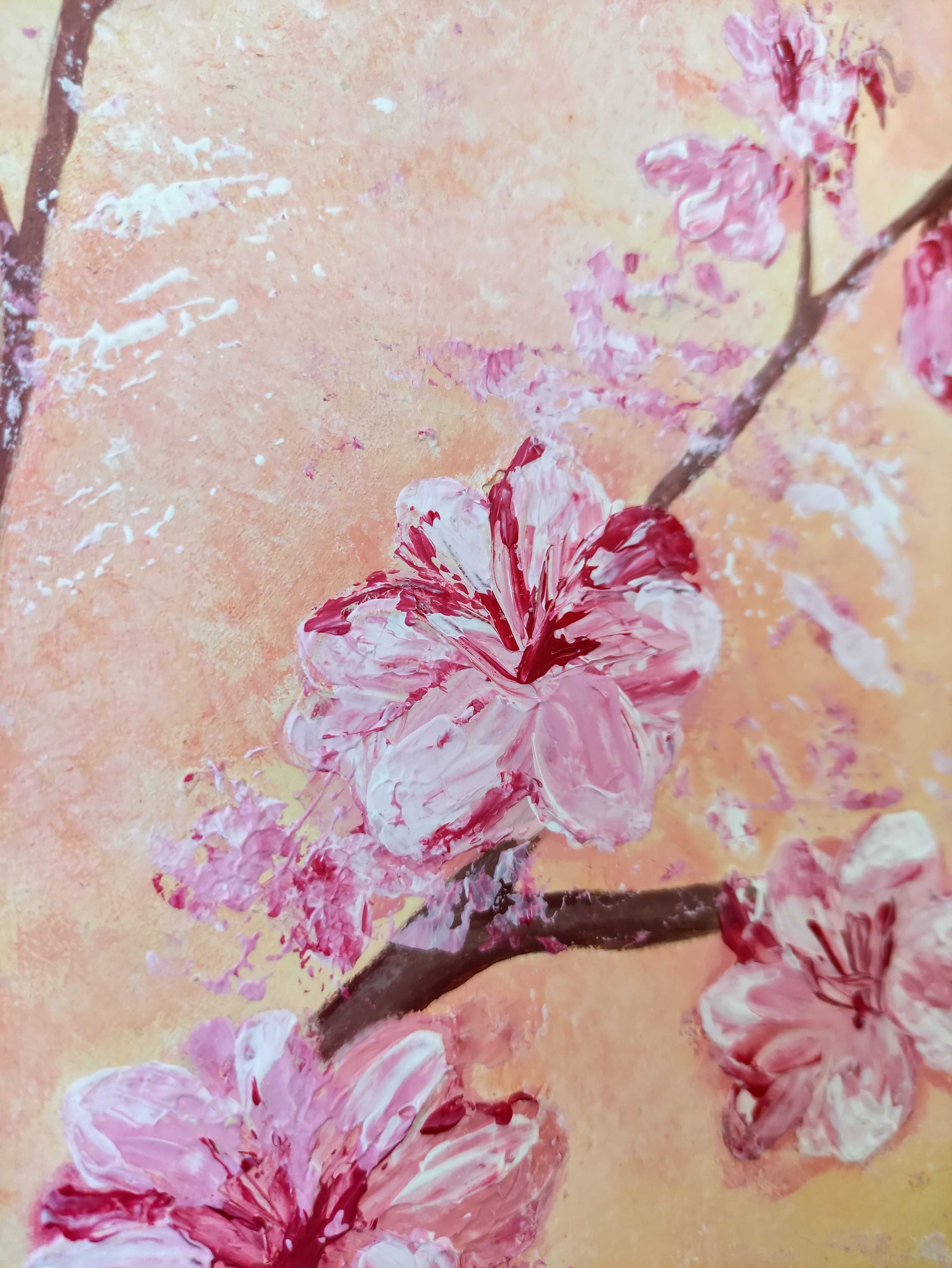 Kwiat wiśni- obraz ręcznie malowany farbami akrylowymi 50x50cm