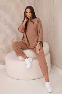 Komplet damski bluza oversize ze spodniami camel