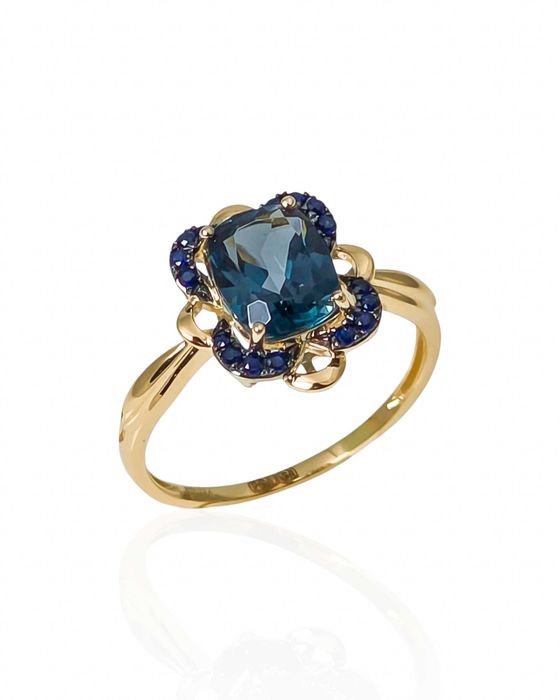 Złoty pierścionek z Topaz London Blue i Szafirami VERONA PZ21215